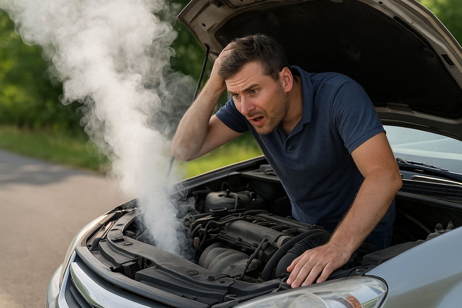 Motorschaden durch Überhitzung - Mann verzweifelt vor seinem qualmenden Auto